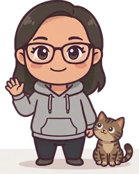 Illustration of Farina waving hello, and her cat